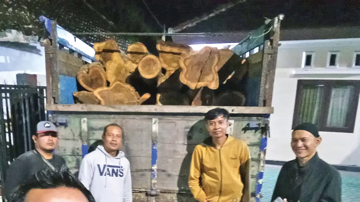 PENGAMANAN: 28 batang kayu jati hasil pembalakan liar yang dimuat truk di Desa Kebondalem, Kecamatan Bangorejo, diamankan petugas gabungan pada Senin malam (4/5). (Sugeng Wahono for Radar Banyuwangi)