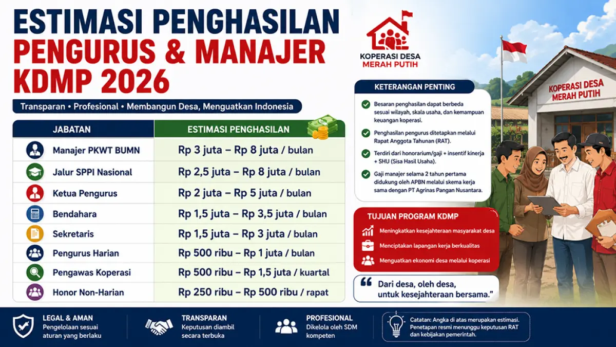 Gaji manajer Koperasi Desa Merah Putih 2026 diproyeksikan Rp3 juta hingga Rp50 juta. Ini rincian lengkap status BUMN dan sumber gajinya. (ChatGPT Image)