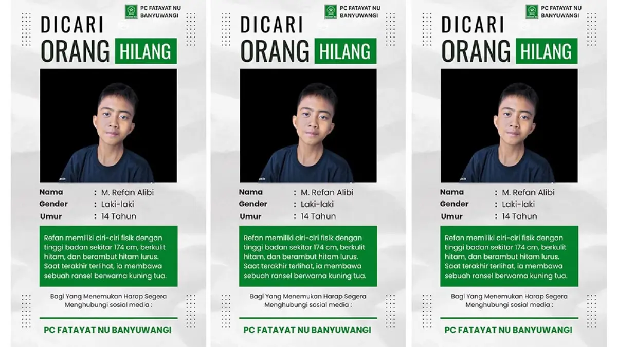 Santri 14 tahun di Pondok Pesantren Amanatullah Banyuwangi dilaporkan hilang sejak 30 April 2026. Keluarga minta bantuan masyarakat. (Tangkapan Layar PC Fatayat NU Banyuwangi)