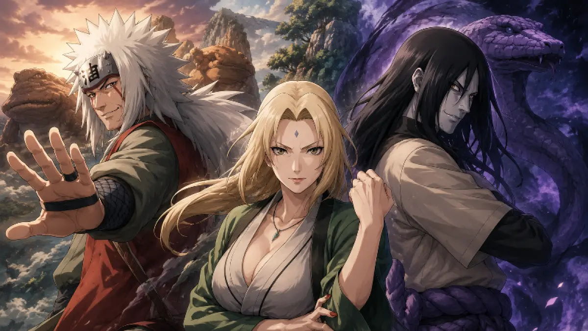SEJARAH NARUTO : Jiraiya, Tsunade, dan Orochimaru dikenal sebagai Tiga Sannin Legendaris dalam dunia Naruto.(Foto: IA)