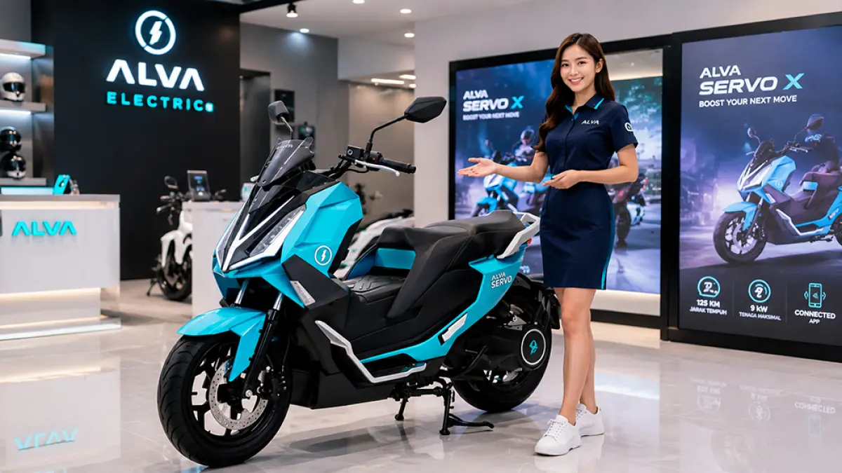 ALVA Servo X hadir sebagai motor listrik premium 2025 dengan tenaga 9 kW, kecepatan 103 km/jam, dan jarak tempuh hingga 125 km. (Ilustrasi ChatGPT Image)
