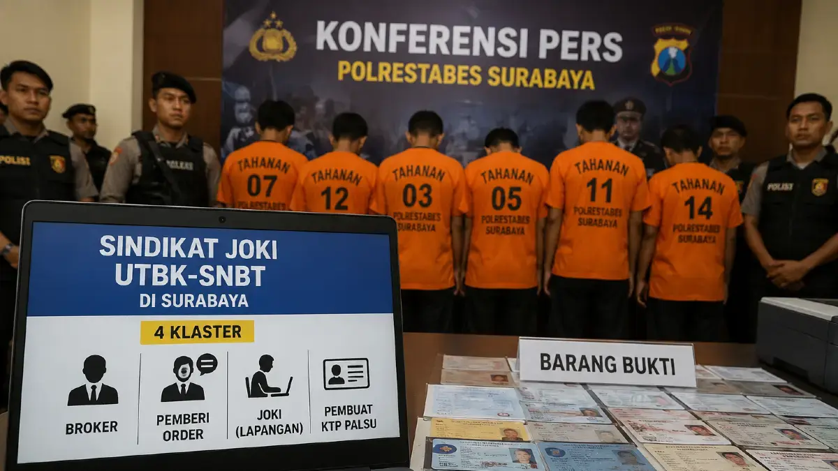 Ilustrasi sindikat joki UTBK-SNBT di Surabaya memiliki 4 kluster tersangka, yakni broker, pemberi order, joki, dan pembuat KTP palsu. (AI)