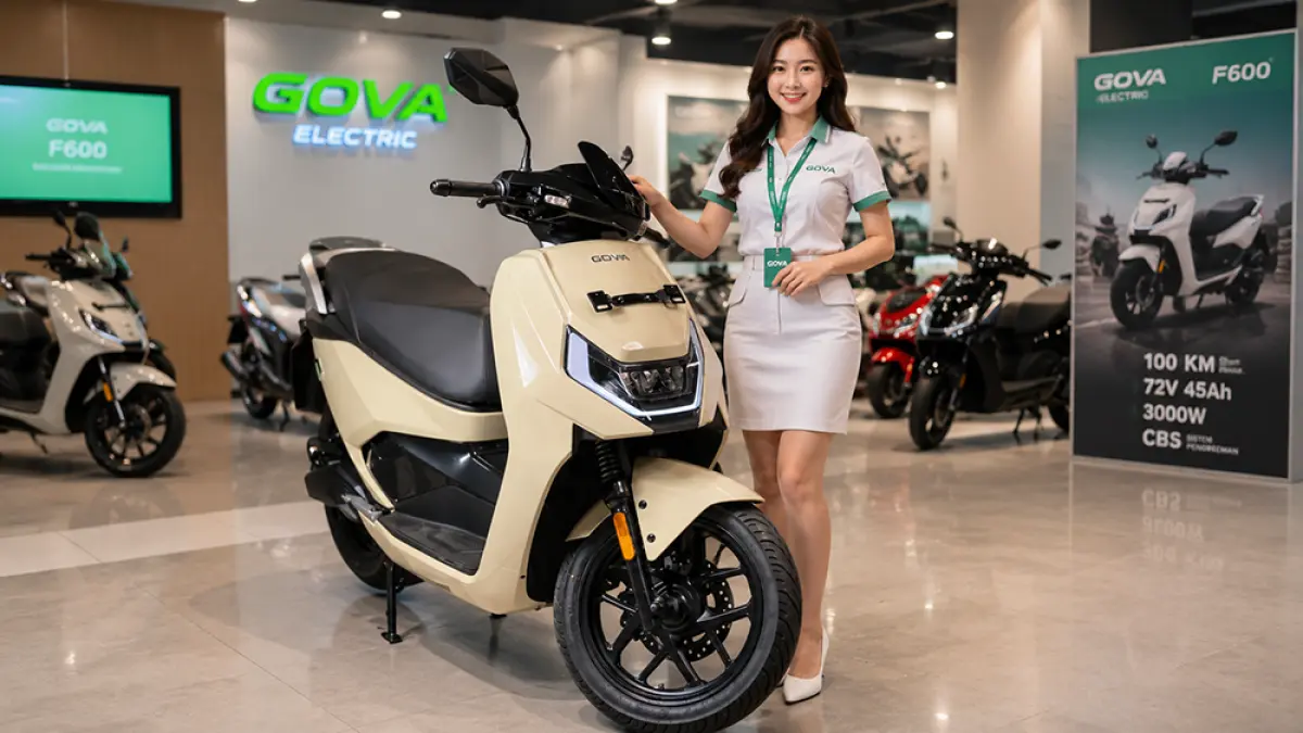 New Gova F600 hadir sebagai motor listrik 2025 dengan desain minimalis, baterai removable, jarak tempuh 100 km, dan harga Rp35 jutaan. (Ilustrasi ChatGPT Image)