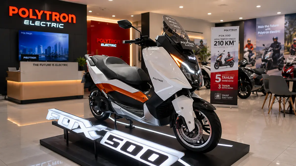 Polytron Fox 500 hadir sebagai motor listrik terbaik 2025 dengan jarak tempuh 210 km, fitur premium, dan harga mulai Rp38 jutaan. (Ilustrasi ChatGPT Image)