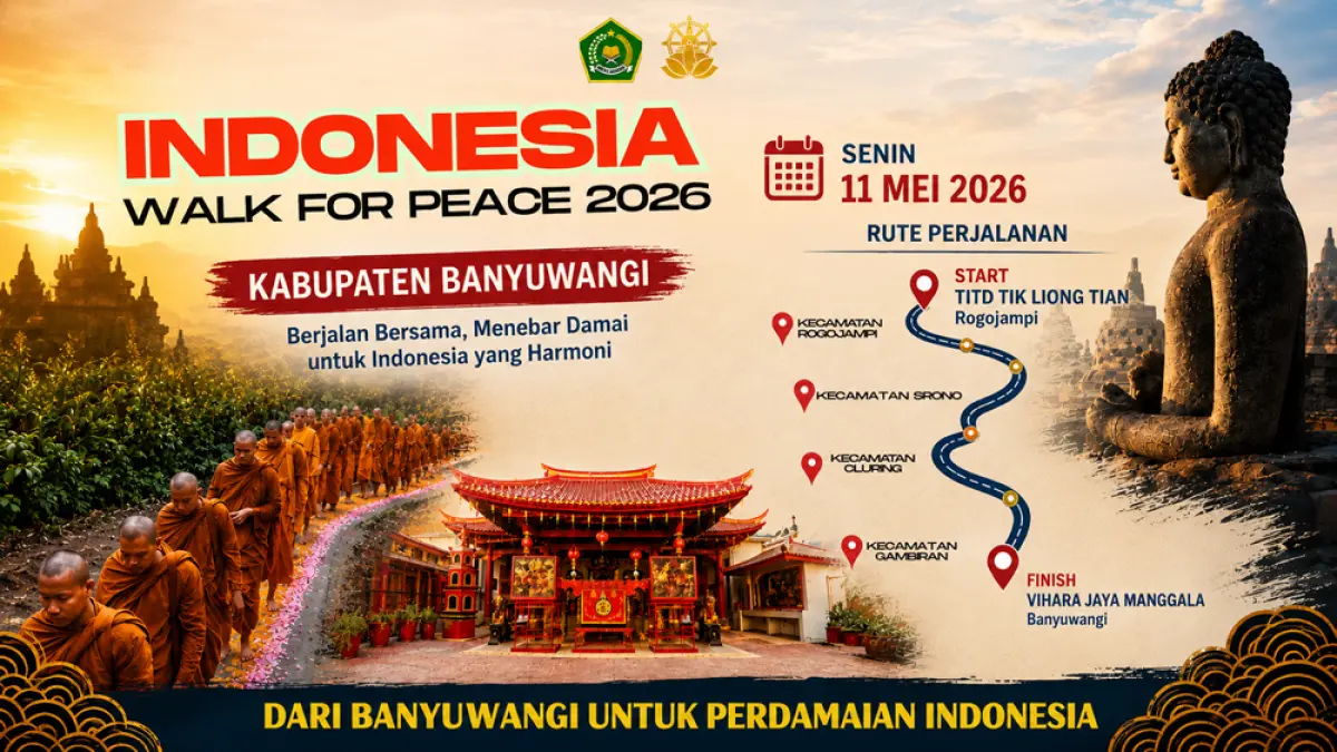 Indonesia Walk for Peace 2026 digelar di Banyuwangi hari ini, para Bhikkhu dan umat Buddha berjalan menyebarkan pesan damai dan toleransi. (Istimewa)