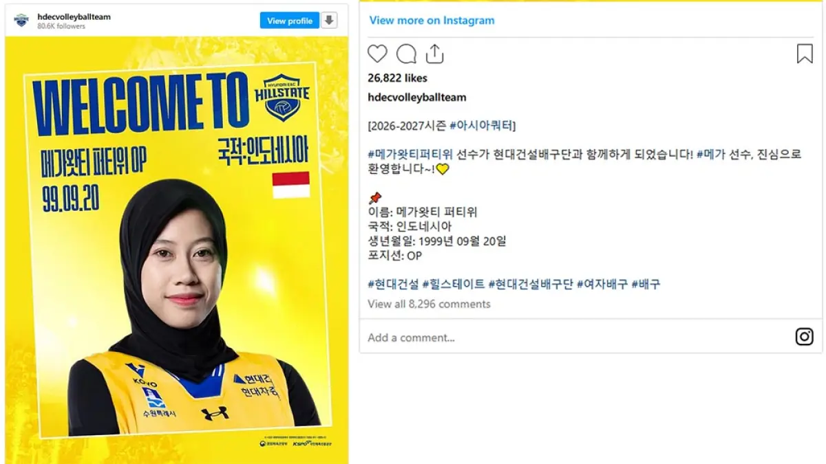 Alhamdulillah, Megawati Hangestri resmi dikontrak Hyundai Hillstate untuk Liga Voli Korea 2026/2027 usai diumumkan di Instagram resmi klub. (Tangkapan Layar)