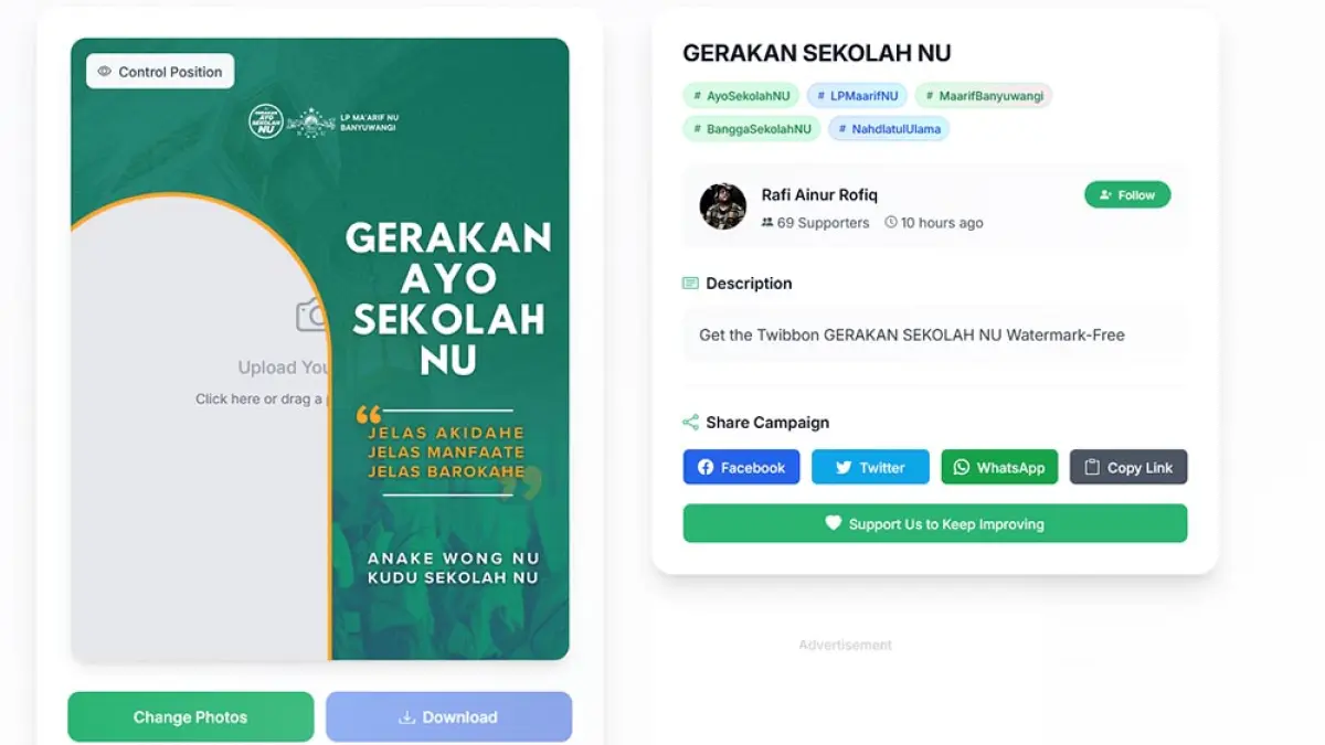 Gerakan Ayo Sekolah NU ramai di media sosial. Warga Nahdliyin diajak pasang twibbon untuk dukung pendidikan generasi muda NU. (tangkapan layar twibify.com)