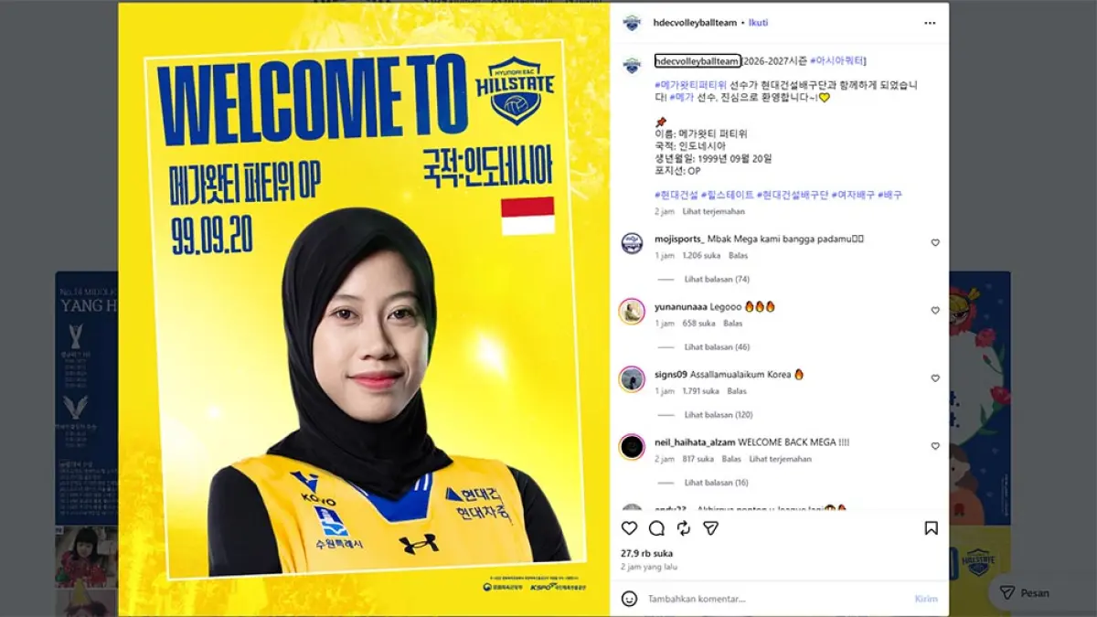 Reaksi netizen meledak usai Megawati resmi gabung Hyundai Hillstate. Kolom Instagram klub Korea itu langsung dibanjiri komentar fans Indonesia. (Instagram @hdecvolleyballteam)