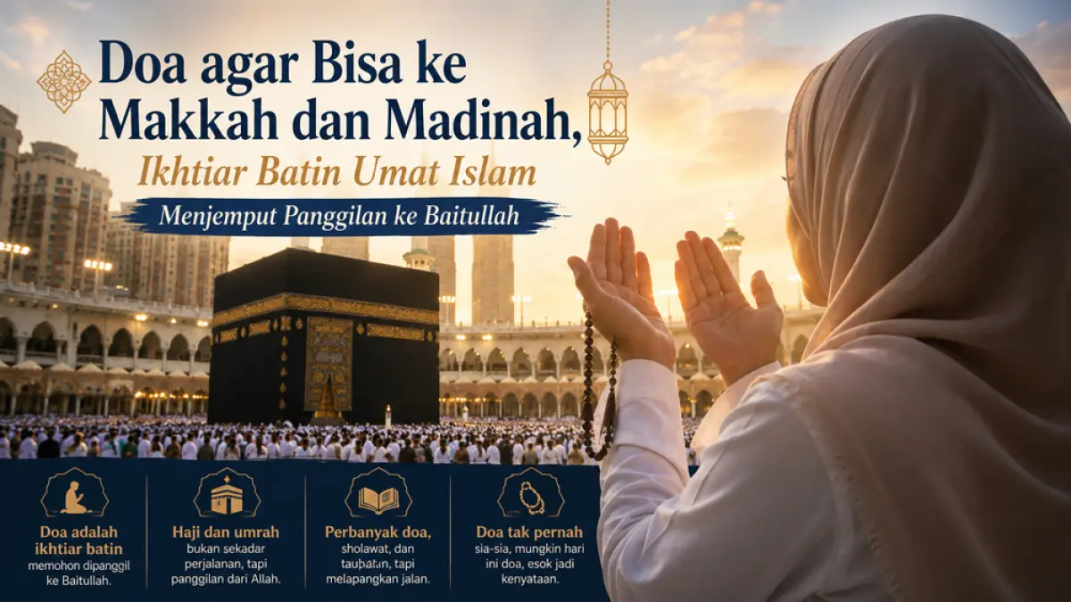 Kumpulan doa agar bisa haji dan umrah ke Makkah lengkap Arab dan artinya. Ikhtiar batin memohon dipanggil ke Baitullah. (CHATGPT IMAGE)