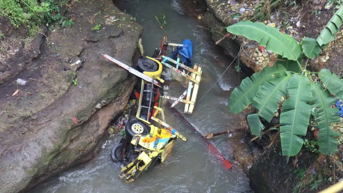 TERJUN BEBAS: Truk Mitsubishi bernomor polisi S 9316 UW nyemplung sungai di pinggir jalan raya Jember, Desa Tulungrejo, Kecamatan Glenmore, Rabu pagi (13/5). (Salis Ali/Radar Banyuwangi)