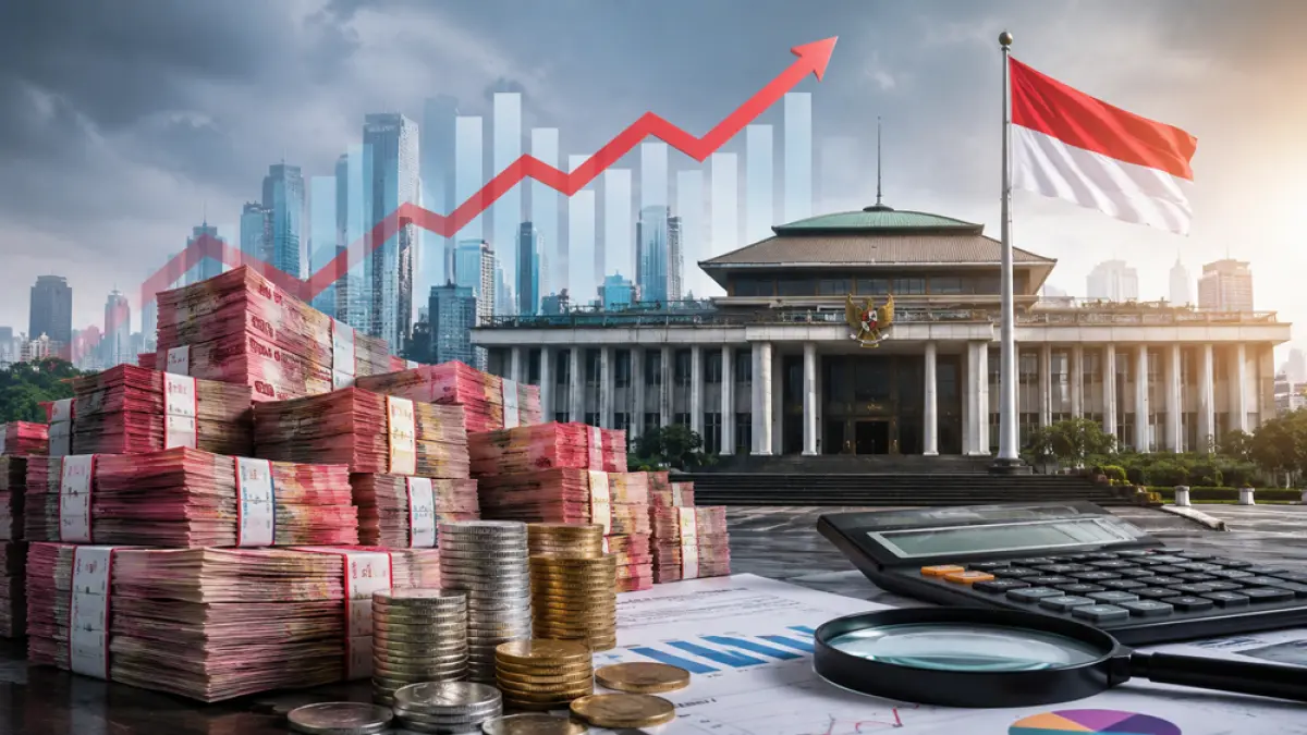 Utang pemerintah Indonesia hampir tembus Rp 10.000 triliun. Ekonom peringatkan beban bunga dan pelemahan rupiah jadi ancaman APBN. (ChatGPT Image)