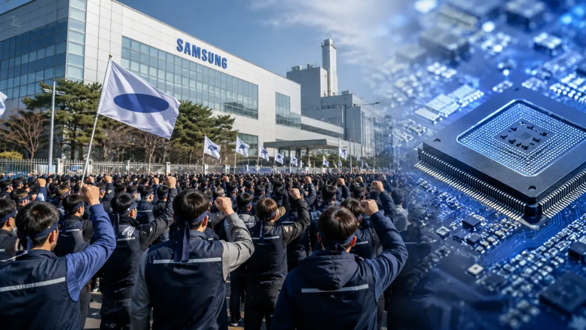 Rencana mogok massal buruh Samsung Electronics mengancam pasokan cip AI global di tengah lonjakan permintaan semikonduktor dunia. (Ilustrasi ChatGPT Image)