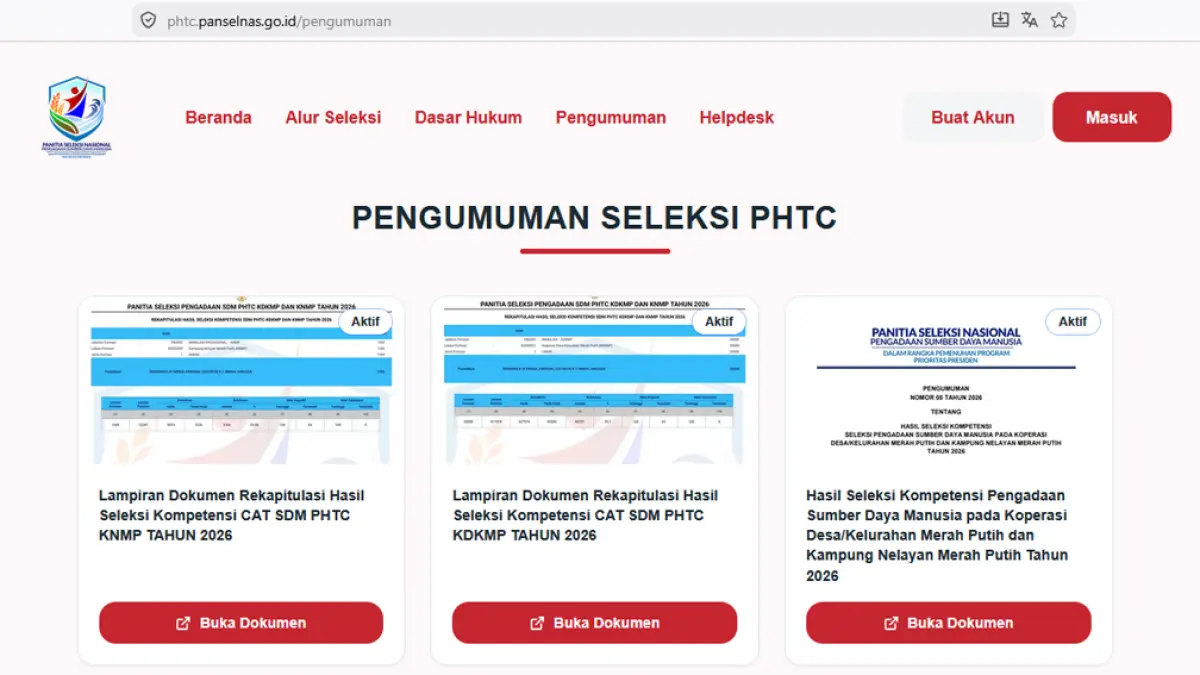 Hasil Seleksi Kompetensi Manajer Koperasi Desa Merah Putih 2026 diumumkan 17-19 Mei. Peserta wajib cek akun resmi panselnas berkala. (Tangkapan Layar)