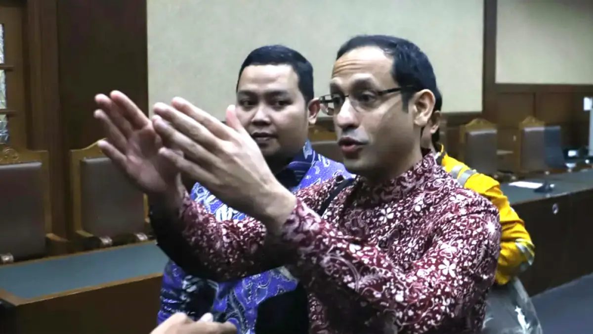 Nadiem Makarim dituntut pidana 18 tahun penjara dan denda Rp 1 miliar subsider 190 hari kurungan oleh Jaksa Penuntut Umum (JPU) pada Kejaksaan Agung (Kejagung), dalam sidang di Pengadilan Tipikor, Jakarta, Rabu (13/5/2026). (Dery Ridwansah/ JawaPos.com)
