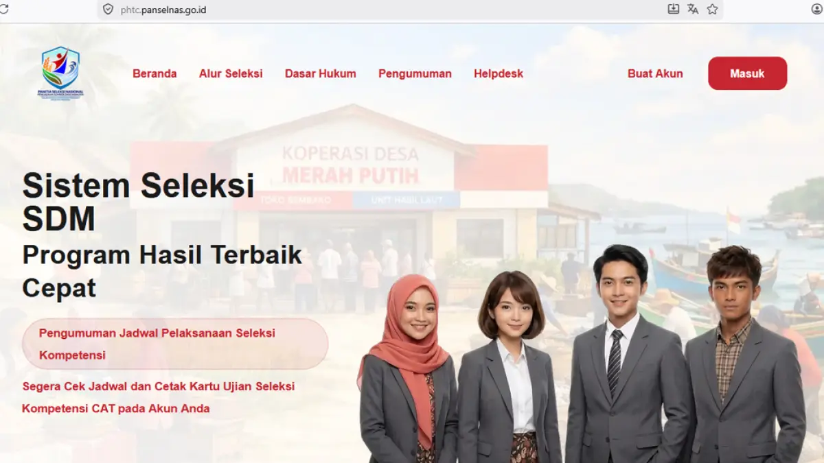Seleksi Manajer Kopdes Merah Putih 2026 memakai CAT BKN. Hasil seleksi kompetensi diumumkan 17-19 Mei melalui portal resmi panselnas. (tangkapan layar)
