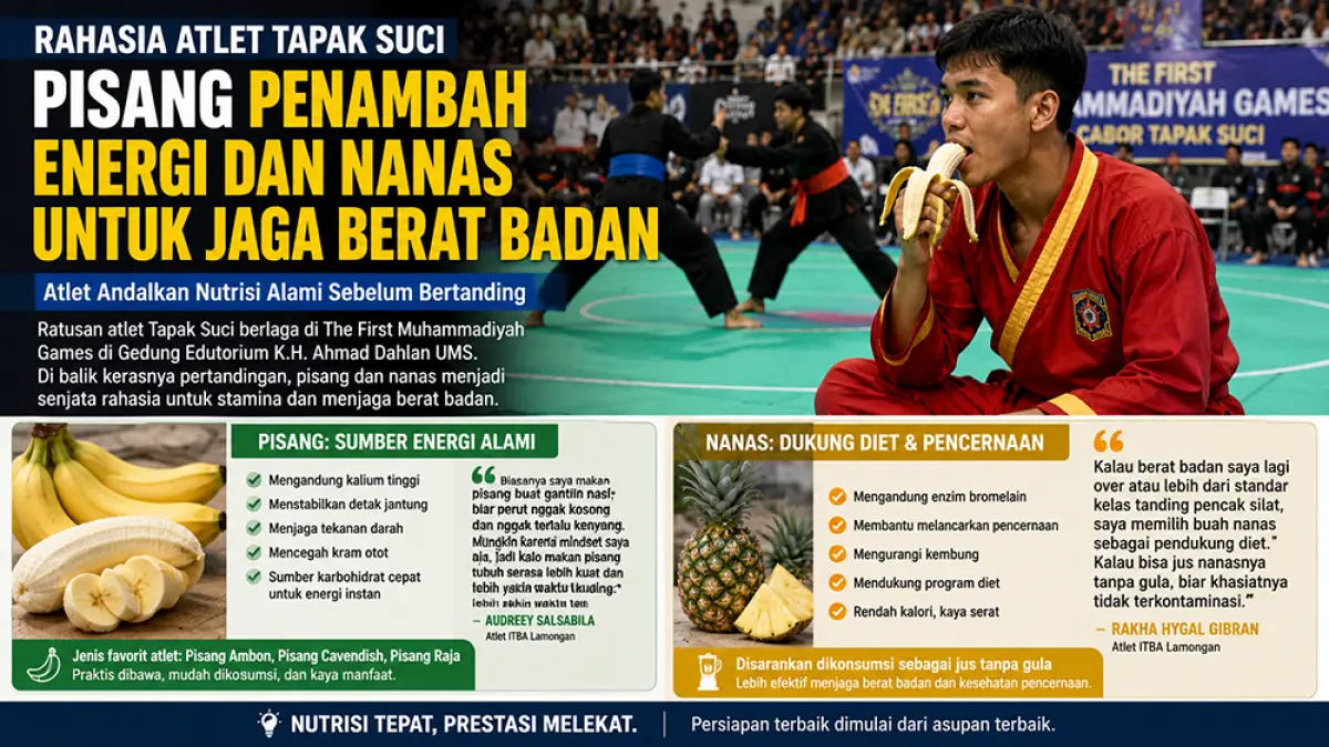 Atlet Tapak Suci mengandalkan pisang dan nanas. Pisang bantu energi, nanas dukung diet dan pencernaan atlet. (ChatGPT)