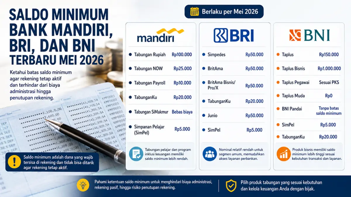 Cek saldo minimum Bank Mandiri, BRI, dan BNI terbaru Mei 2026. Ketahui batas saldo agar rekening tetap aktif dan aman. (ChatGPT)