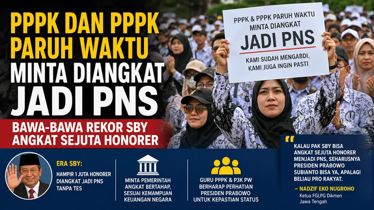PPPK dan PPPK paruh waktu minta diangkat jadi PNS. Forum guru mencontoh kebijakan SBY angkat sejuta honorer. (ChatGPT)