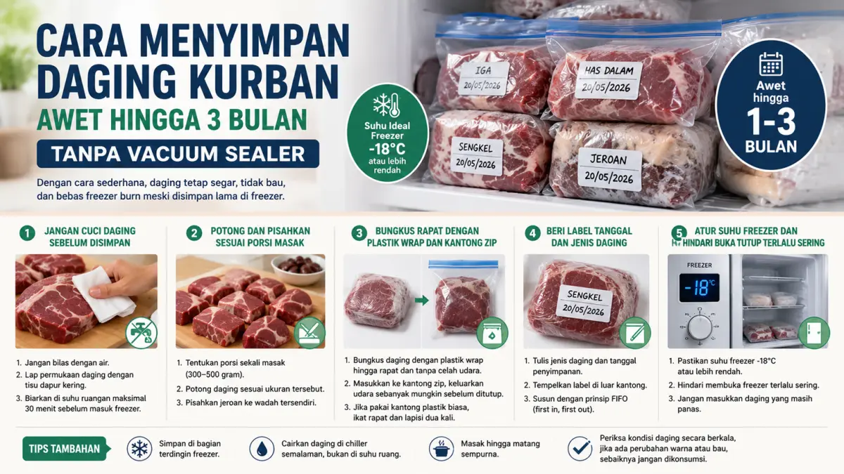 Simak cara menyimpan daging kurban agar awet hingga 3 bulan tanpa vacuum sealer. Tetap segar, tidak bau, dan bebas freezer burn. (ChatGPT)