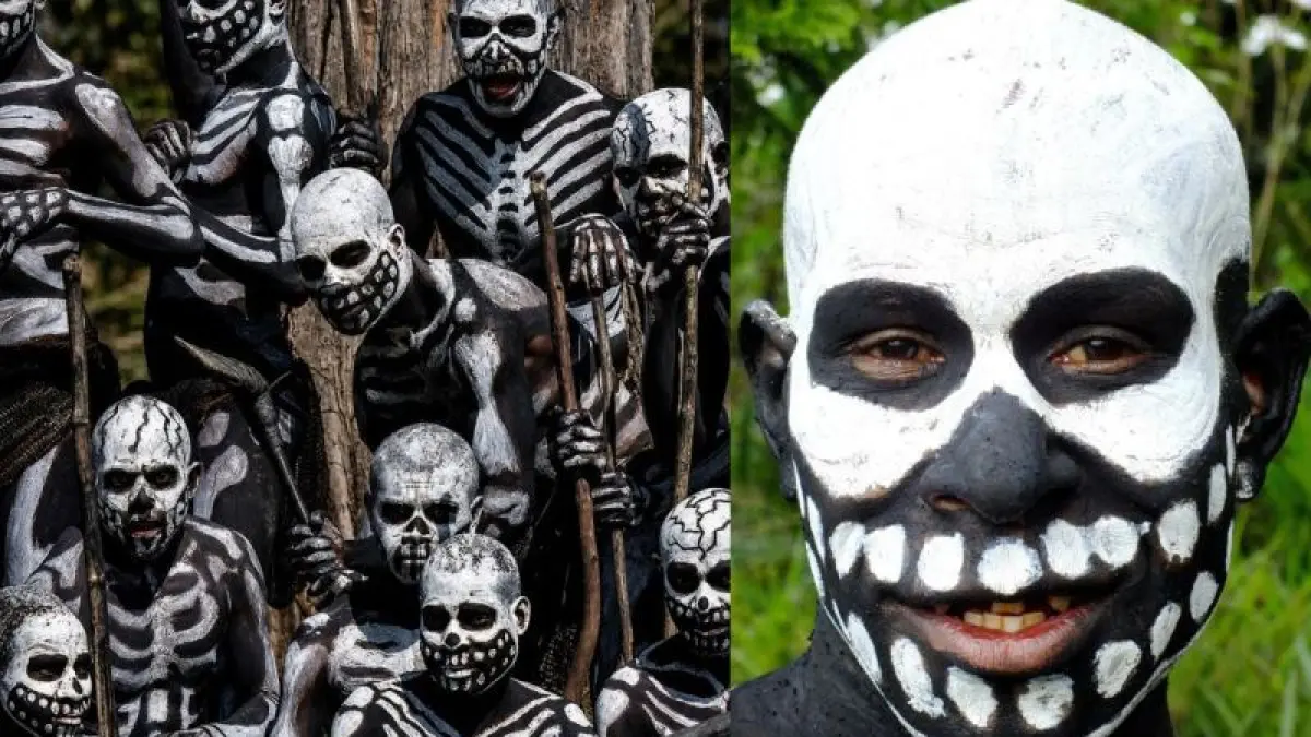 TRADISI : Suku Chimbu di Papua Nugini sebagai manusia kerangka karena tradisi.(Foto:Pixabay)
