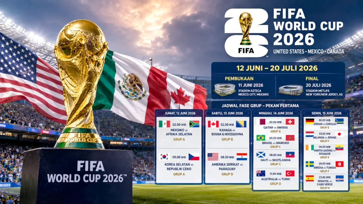 Jadwal lengkap Piala Dunia 2026 resmi dirilis FIFA. Turnamen dimulai 12 Juni hingga final 20 Juli di New York, AS. (ChatGPT)