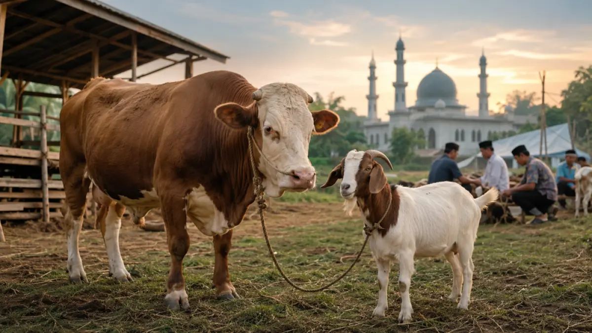 Kurban sapi atau kambing lebih utama? Simak dalil, keutamaan, perbedaan, dan panduan memilih kurban sesuai syariat dan kemampuan. (ChatGPT)