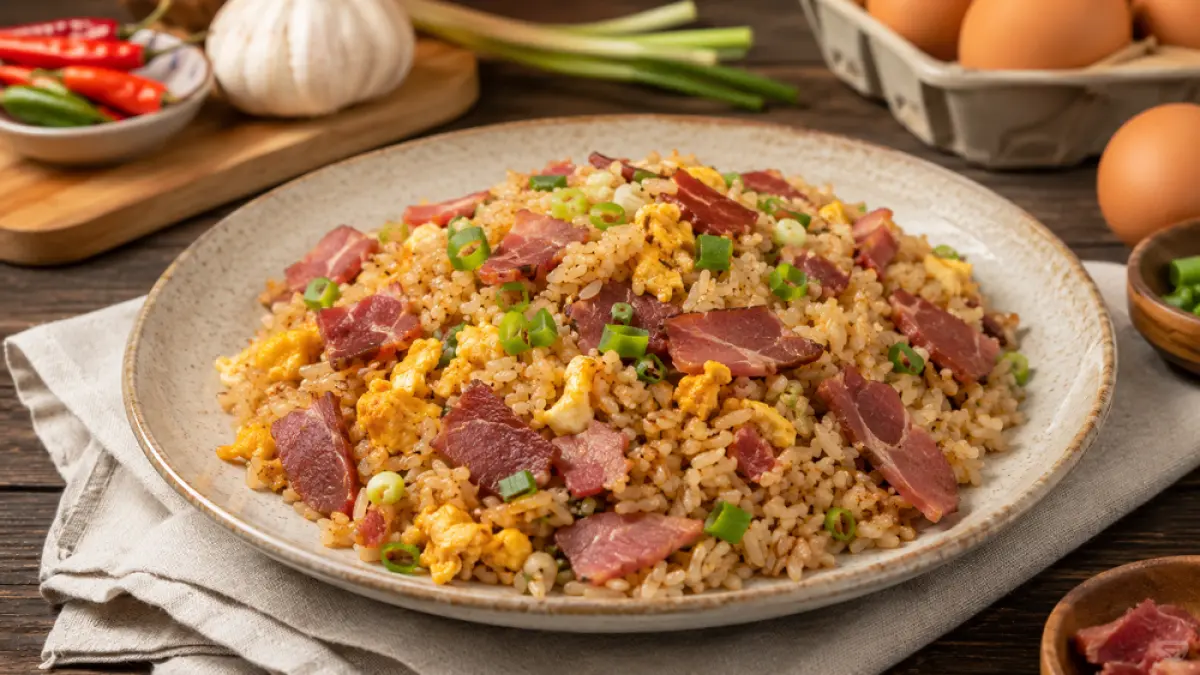 Resep nasi goreng daging asap praktis untuk sarapan anak kos. Mudah dibuat, gurih, hemat, dan siap disantap hanya dalam 15 menit. (ChatGPT)