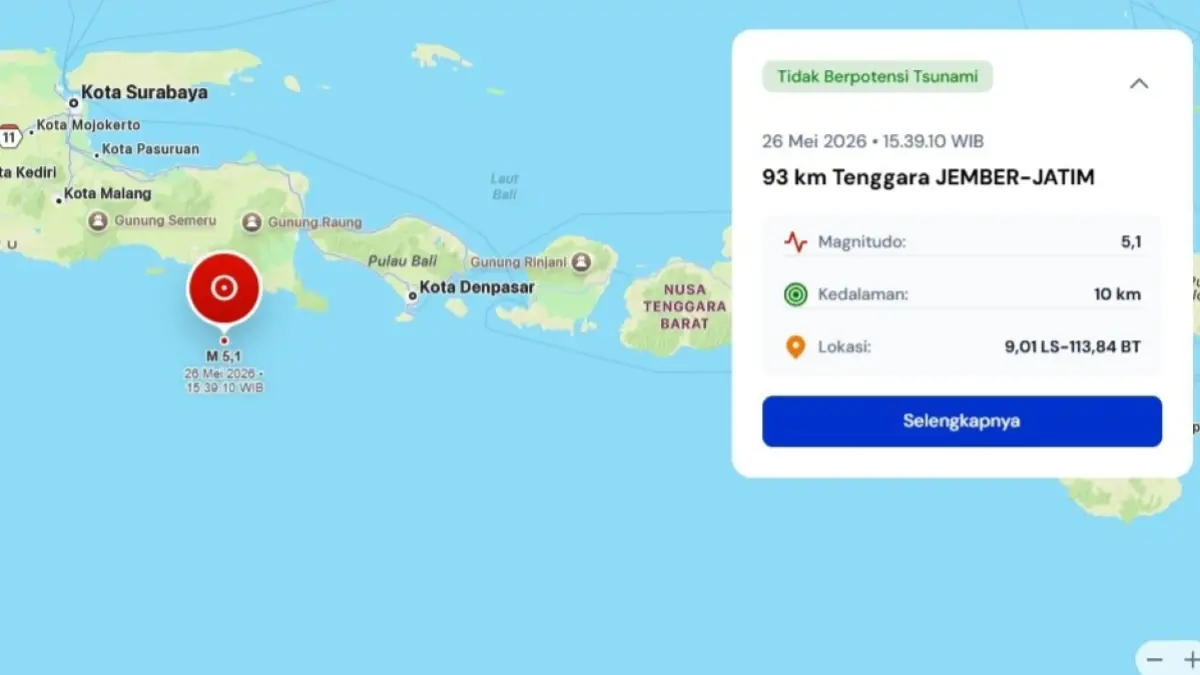 Gempa bumi magnitudo 5,1 mengguncang wilayah tenggara Jember, Jawa Timur, Selasa (26/5/2026) sore.