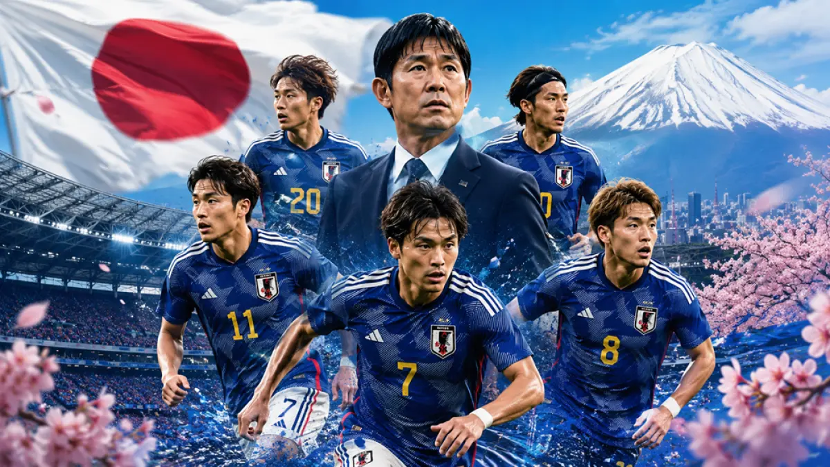 Profil Timnas Jepang di Piala Dunia 2026. Samurai Biru incar sejarah baru usai jadi tim Asia pertama yang lolos ke Amerika Utara. (ChatGPT)