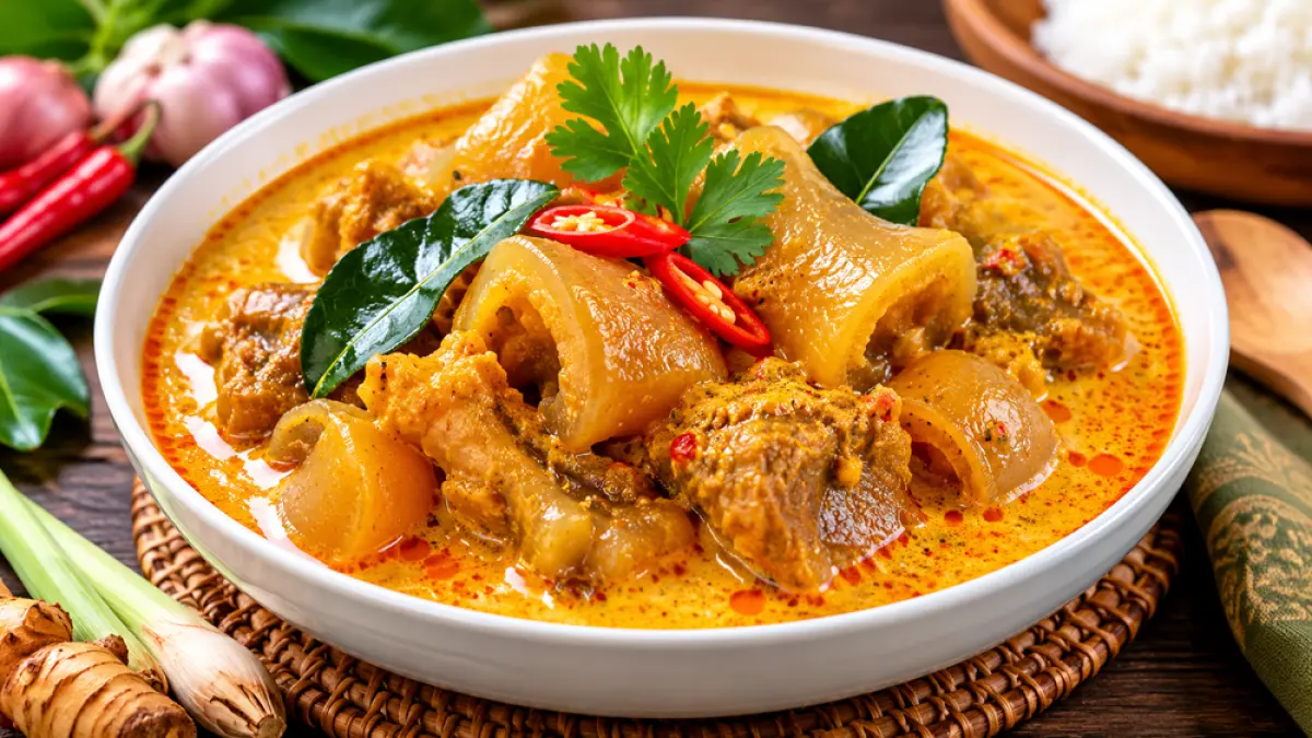 Resep gulai tunjang kikil khas Minang dengan kuah santan gurih pedas. Simak bahan, cara membuat, dan tips agar kikil empuk dan lezat. (ChatGPT)