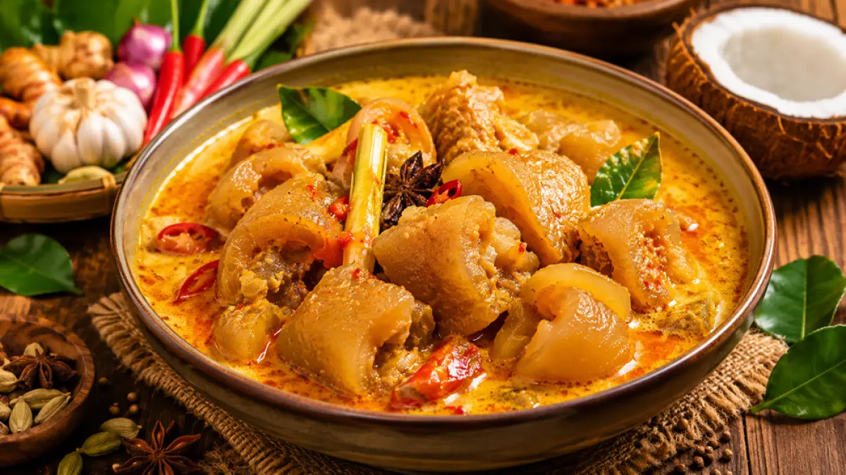 Resep gulai tunjang kikil khas Minang jadi olahan daging kurban favorit saat Idul Adha dengan kuah santan gurih pedas dan rempah menggoda. (ChatGPT)