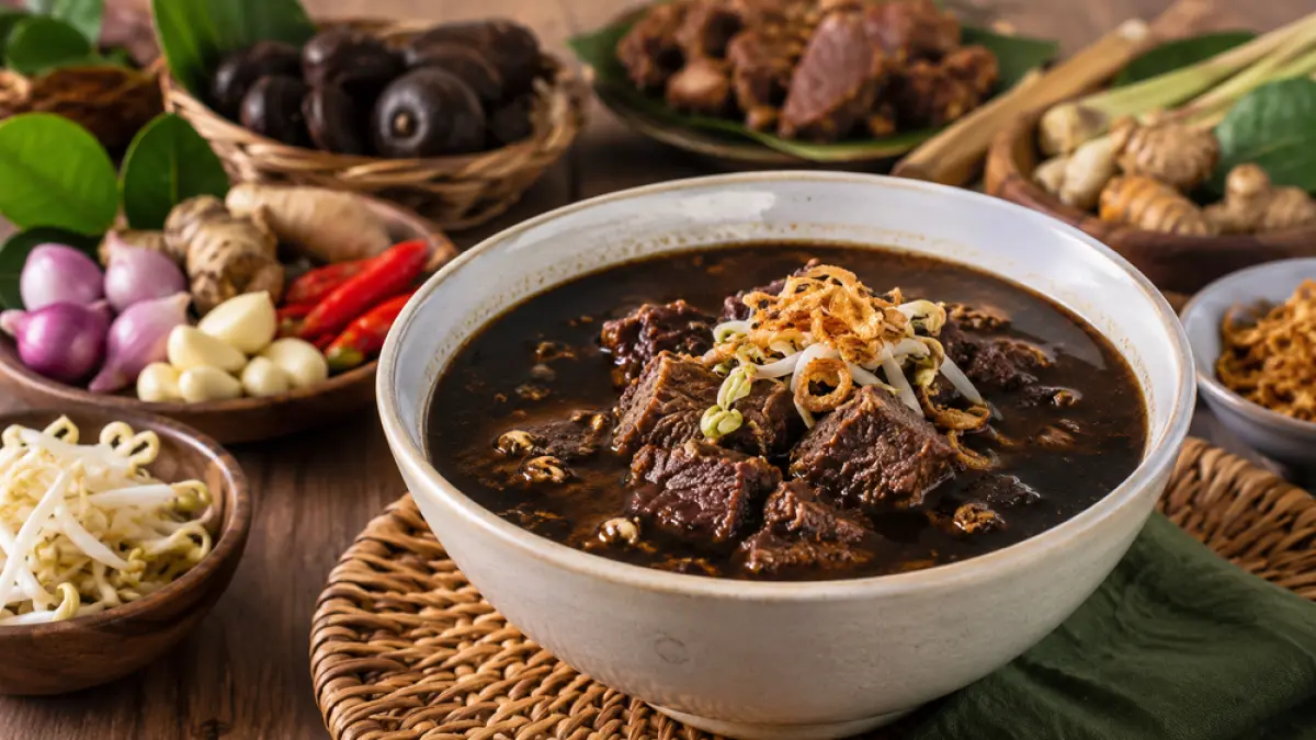 Resep rawon daging sapi khas Jawa Timur, olahan daging kurban Idul Adha, kuah hitam gurih, cara memasak mudah, cocok untuk keluarga besar lezat gurih. (ChatGPT)