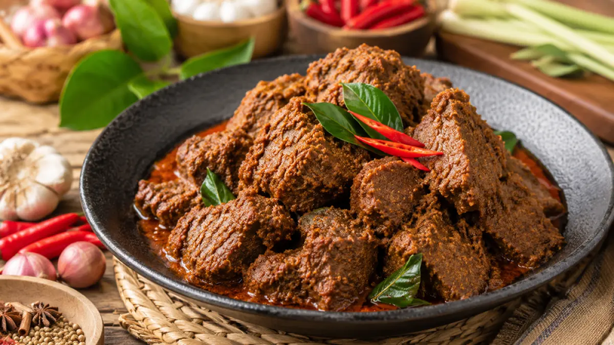 Resep rendang daging kurban Iduladha 2026 lengkap dengan bumbu rempah, cara masak, dan tips agar empuk serta meresap. (ChatGPT)