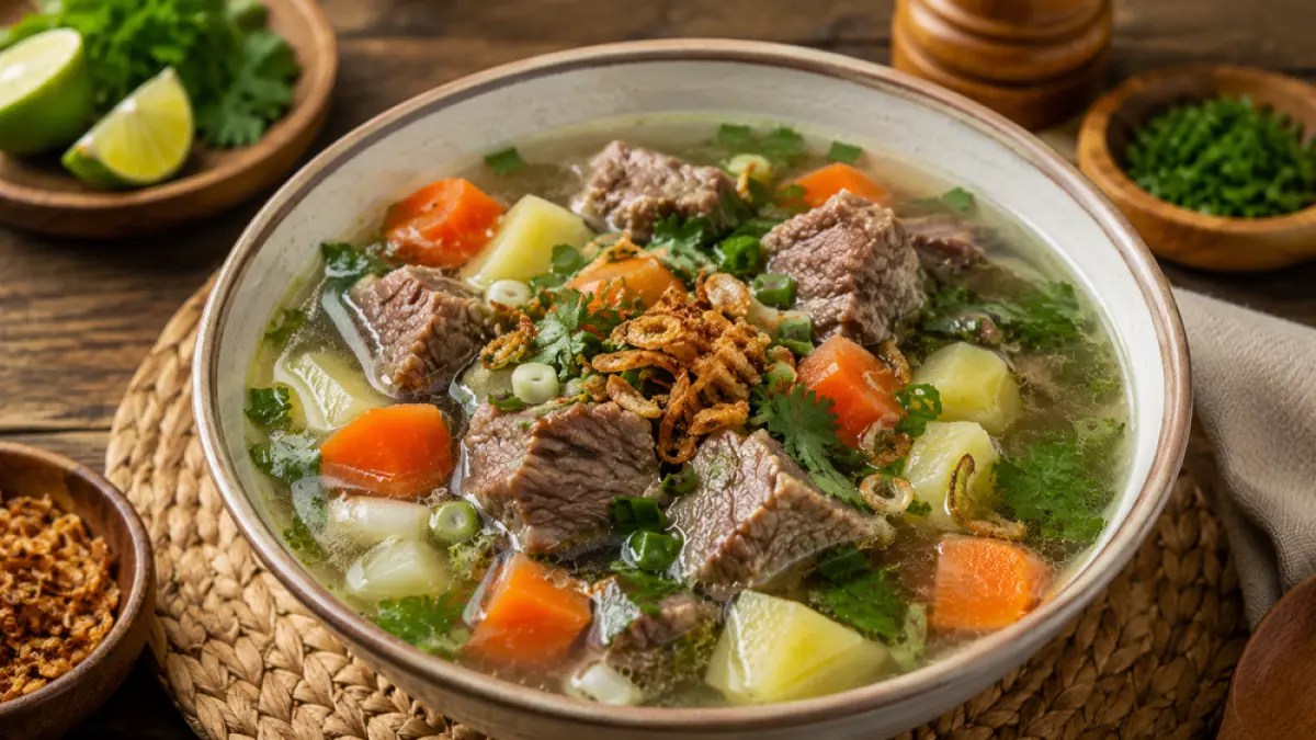 Resep sop daging sapi kuah bening cocok untuk olahan daging kurban Iduladha. Kuah segar kaya rempah, empuk, dan mudah dibuat. (ChatGPT)