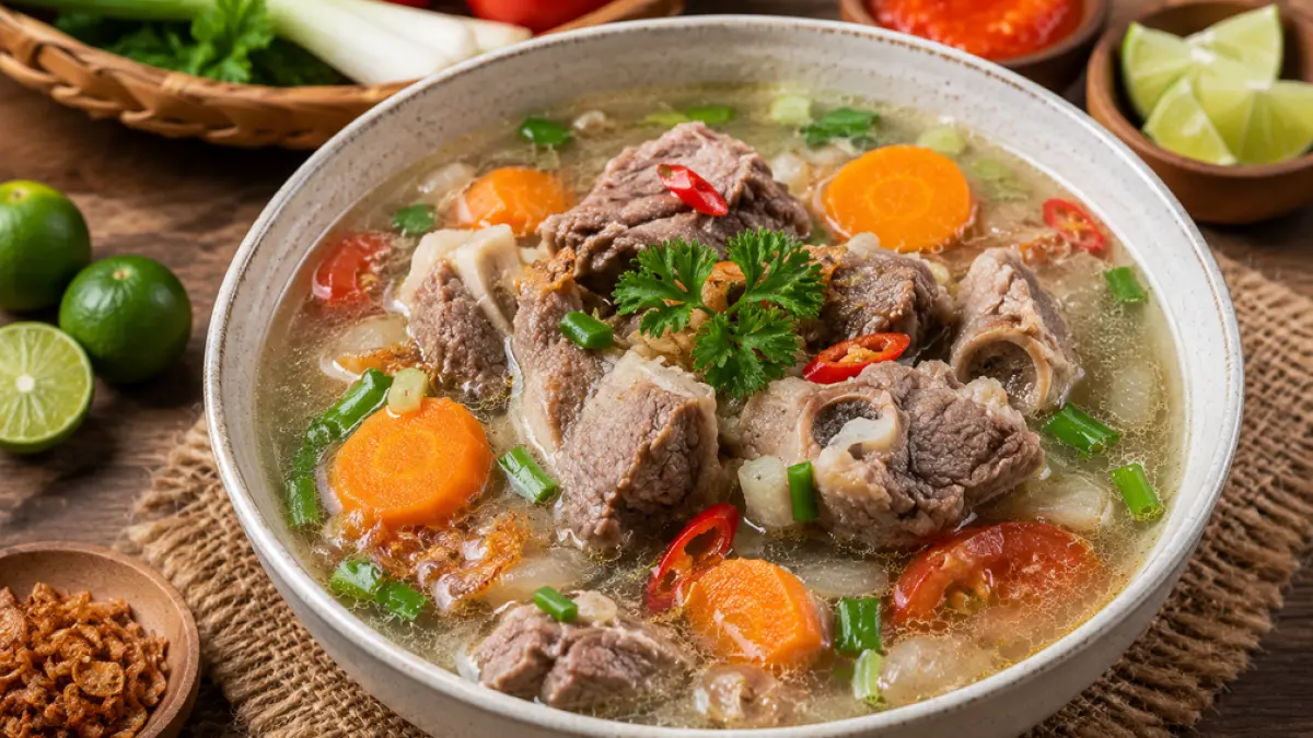 Resep sop kambing kurban empuk tanpa bau prengus ala rumahan ini cocok jadi menu Idul Adha dengan kuah gurih hangat dan bumbu sederhana. (ChatGPT)