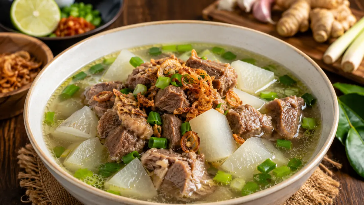 Resep soto lobak daging kambing jadi favorit olahan daging kurban Iduladha 2026. Kuah hangat gurih, empuk, dan minim bau prengus. (ChatGPT)