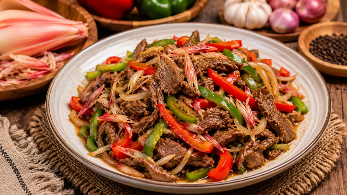 Resep tumis sapi paprika dan kecombrang jadi olahan daging kurban favorit Idul Adha dengan rasa gurih, aroma rempah khas, dan praktis dibuat. (ChatGPT)