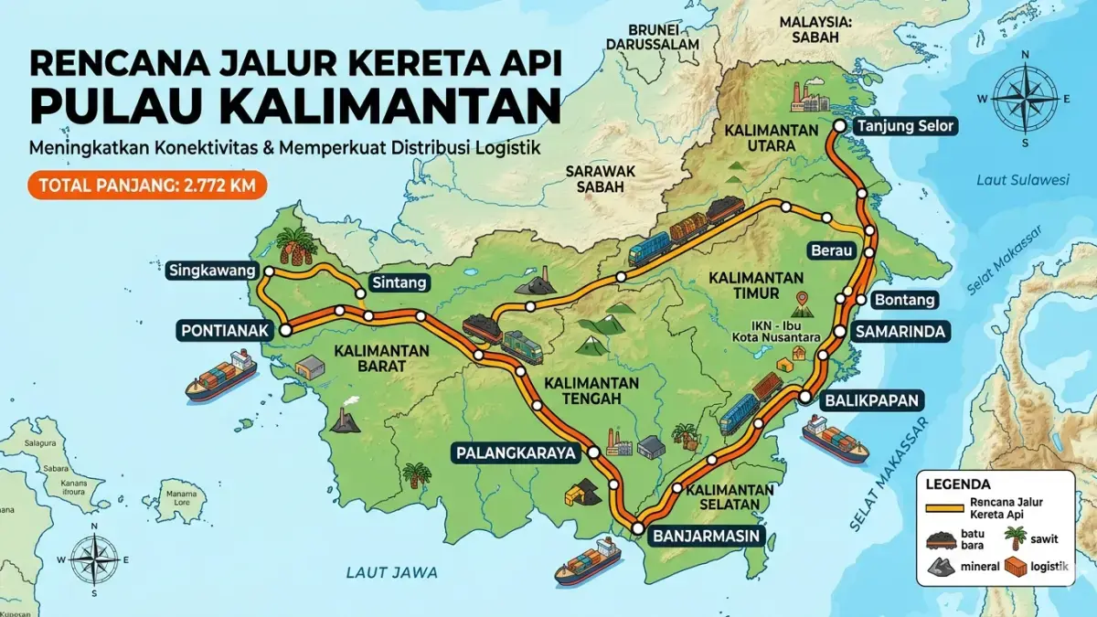 Ilustrasi pemerintah tengah menyiapkan rencana jalur kereta api di Pulau Kalimantan. (GEMINI AI via Pontianak Post)