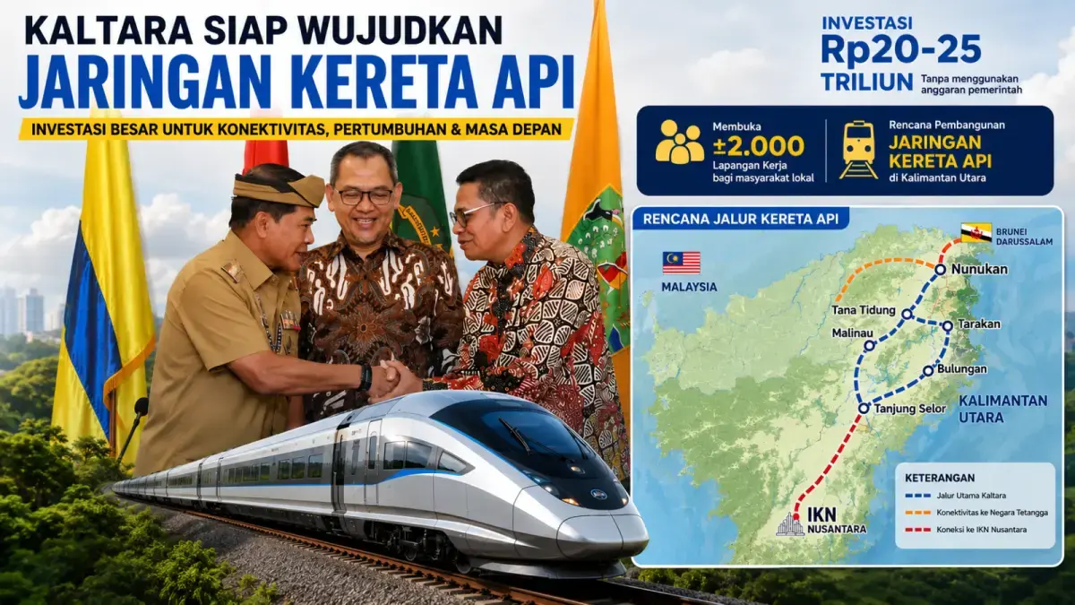 Gubernur Kaltara menerima audiensi PT INTRA terkait rencana pembangunan jaringan kereta api. (Dok.Diskominfo Kaltara, Infografis AI/Pontianak Post)