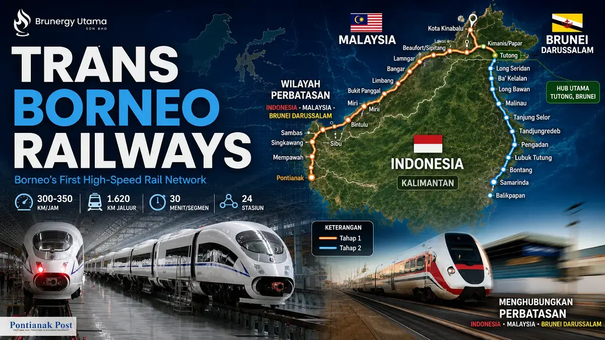 Rencana jalur kereta cepat Trans Borneo disebut akan menghubungkan Pontianak, Brunei, Sabah, hingga kawasan IKN. (Dok.Brunergy, Diolah: AI/Pontianak Post)