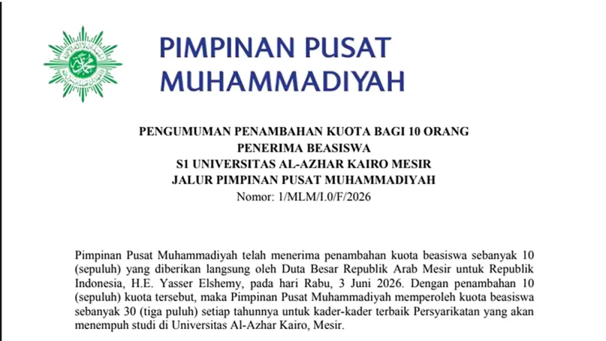 PP Muhammadiyah Umumkan Tambahan 10 Kuota Beasiswa Al-Azhar Kairo Tahun 2026. (Tangkapan Layar muhammadiyah.or.id)