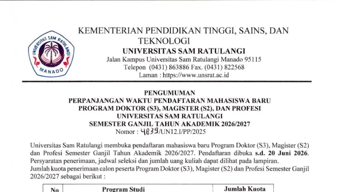 Universitas Sam Ratulangi memperpanjang pendaftaran mahasiswa baru S2, S3, dan profesi hingga 20 Juni 2026. (unsrat.ac.id)