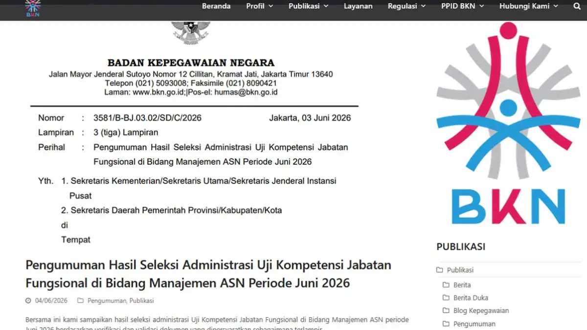 Link Nomor Urut Uji Kompetensi ASN Juni 2026 Sudah Dibuka, Ini Cara Ceknya. (Tangkapan Layar BKN)