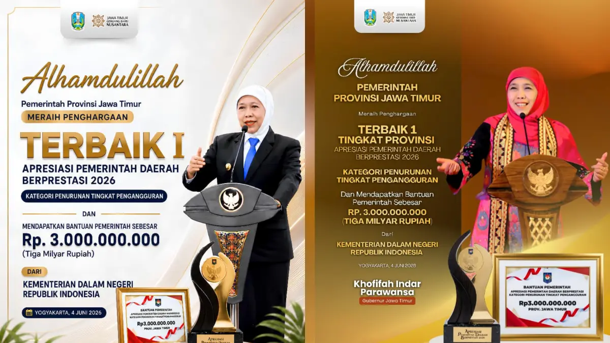 Jawa Timur meraih penghargaan Terbaik I Penurunan Tingkat Pengangguran Regional Jawa-Bali 2026. (Istimewa)