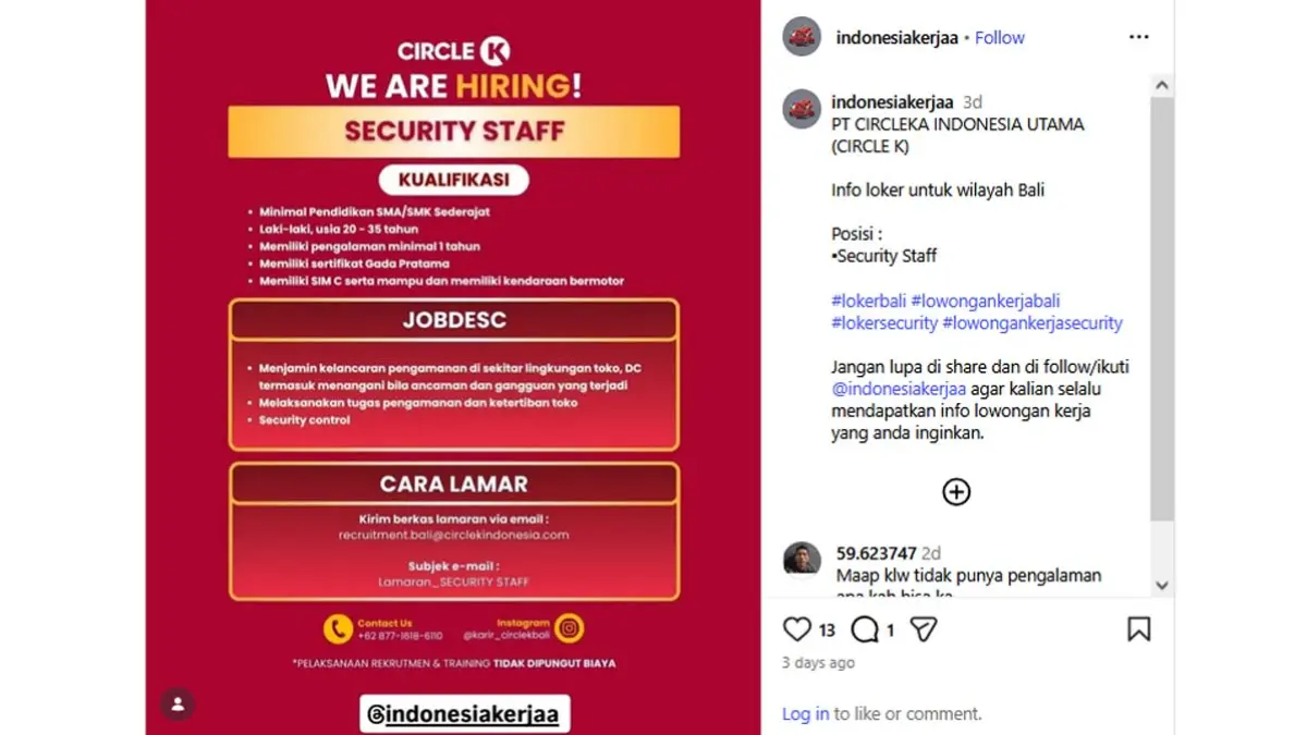 Cari Kerja? Circle K Rekrut 50 Pramuniaga dengan Penempatan di Bali. (Instagram @indonesiakerjaa)