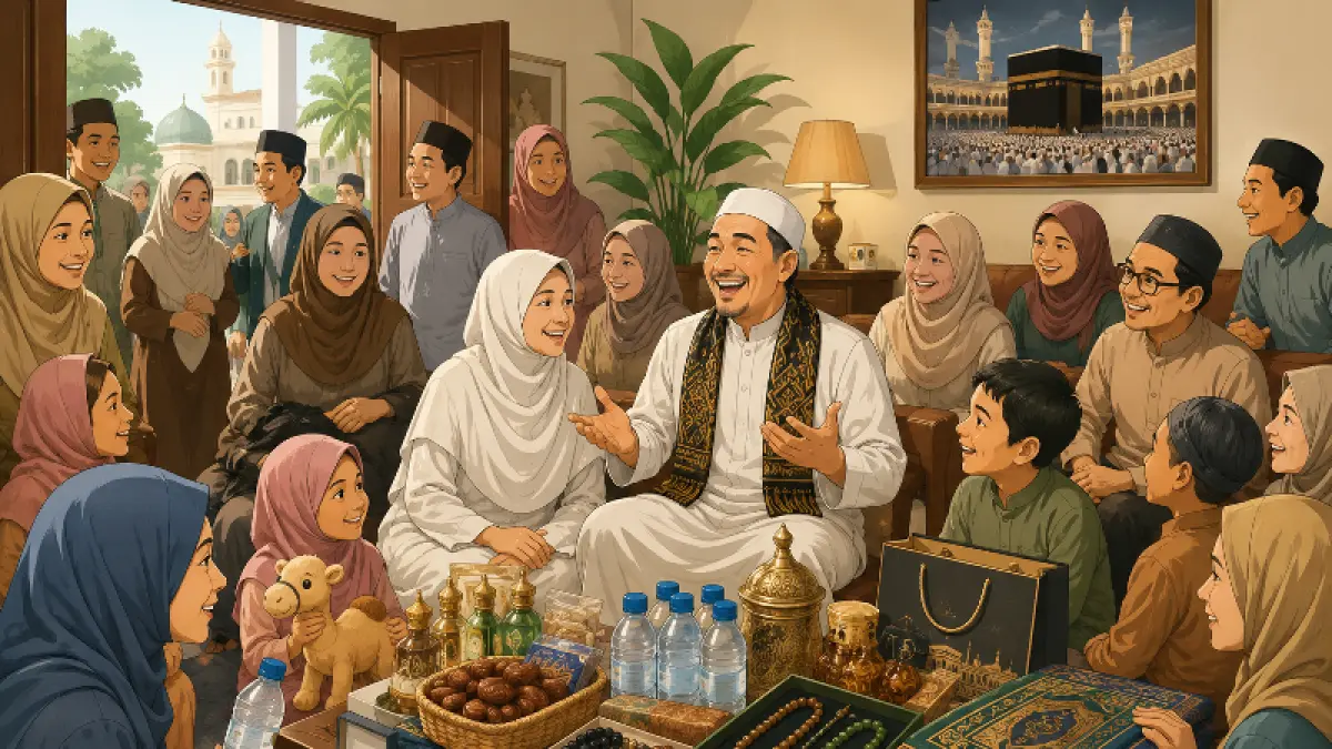 Ilustrasi : Tradisi musim haji yang selalu bikin rindu oleh-oleh satu RT hingga cerita yang tak ada habisnya.(AI)