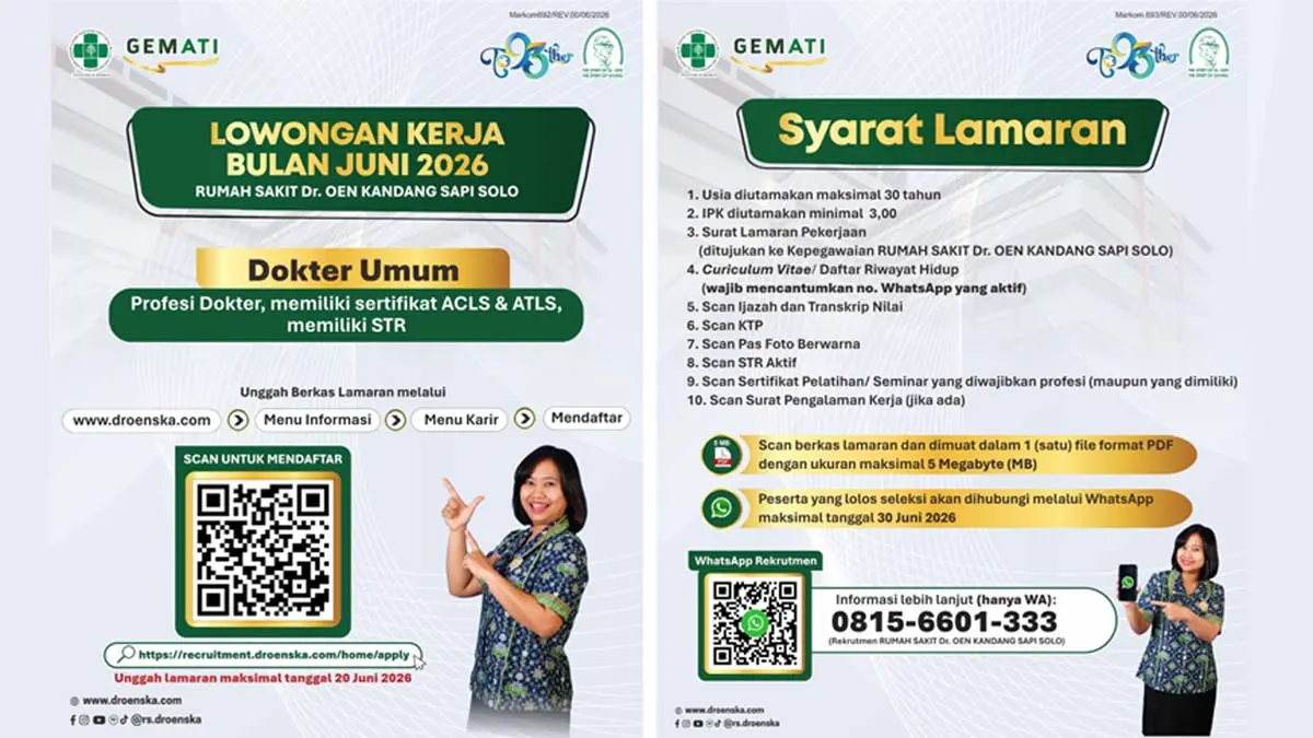 RS Dr OEN Solo Buka Lowongan Dokter Umum, Batas Lamar 20 Juni 2026. (droenska.com)