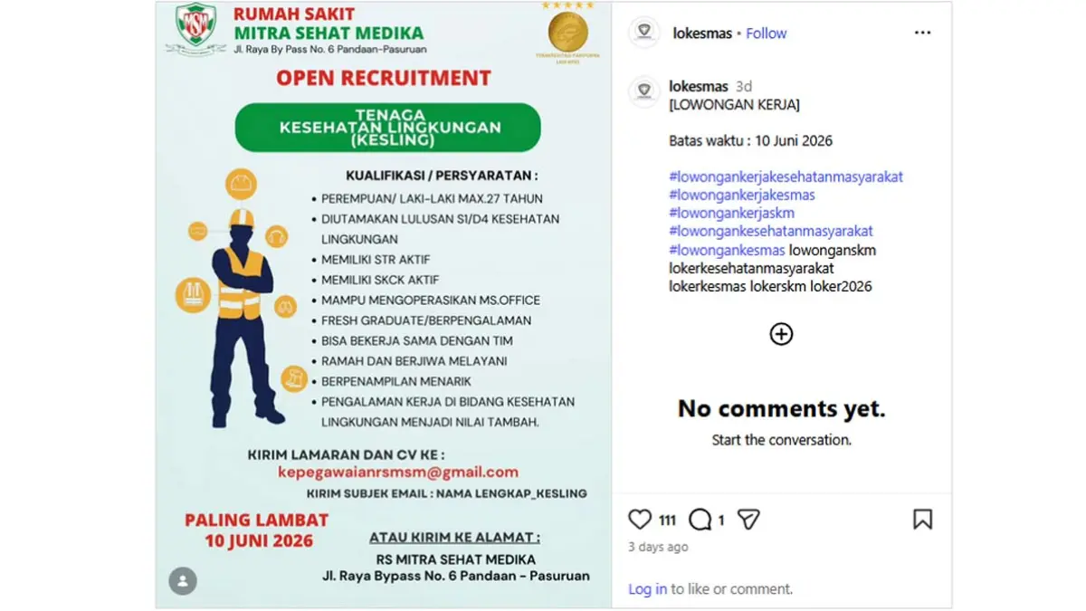 RS Mitra Sehat Medika Buka Lowongan Kesling, Fresh Graduate Bisa Melamar. (Instagram @lokesmas)