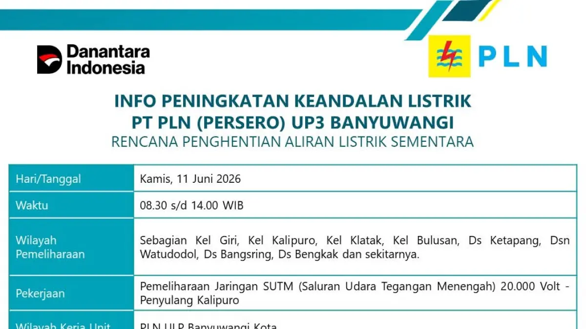 Listrik Padam 5,5 Jam di Giri hingga Bangsring, PLN Lakukan Pemeliharaan Jaringan Kalipuro. (PLN)