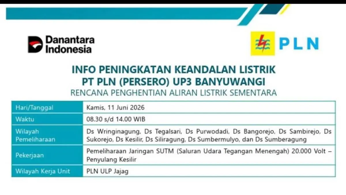PLN Banyuwangi Umumkan Pemadaman Terencana, 10 Desa Terdampak Penyulang Kesilir. (PLN)
